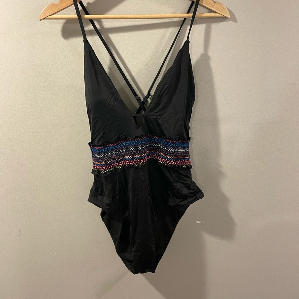 Macy’s black large one piece bathing suit